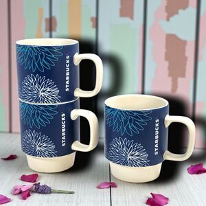 Starbucks 2016 Blue Chrysanthemum Stackable Mugs Set of 3 – 12 oz Flowers